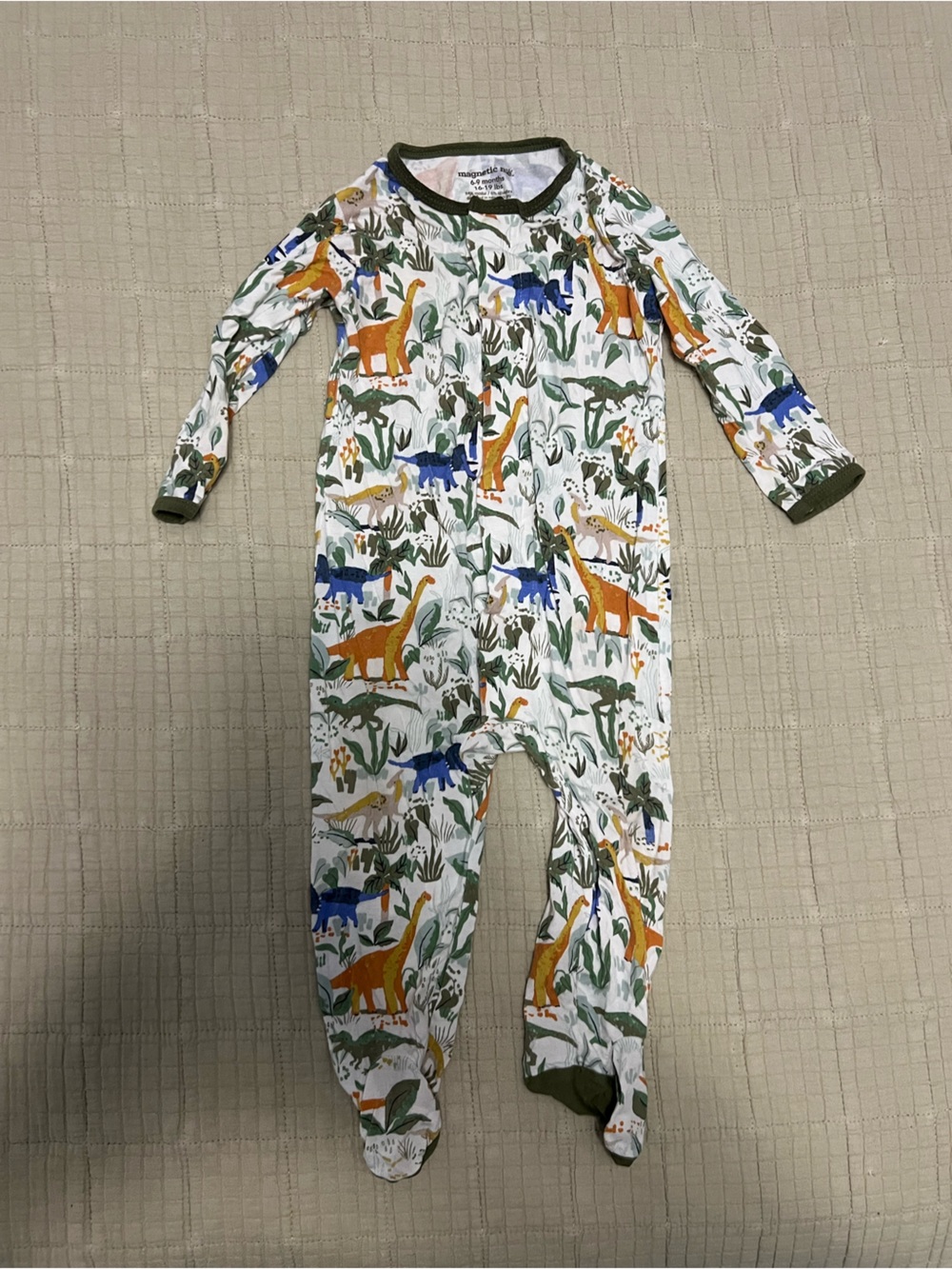 Magnetic Me White Dinosaur Footed Pajama Set with Green Trim
